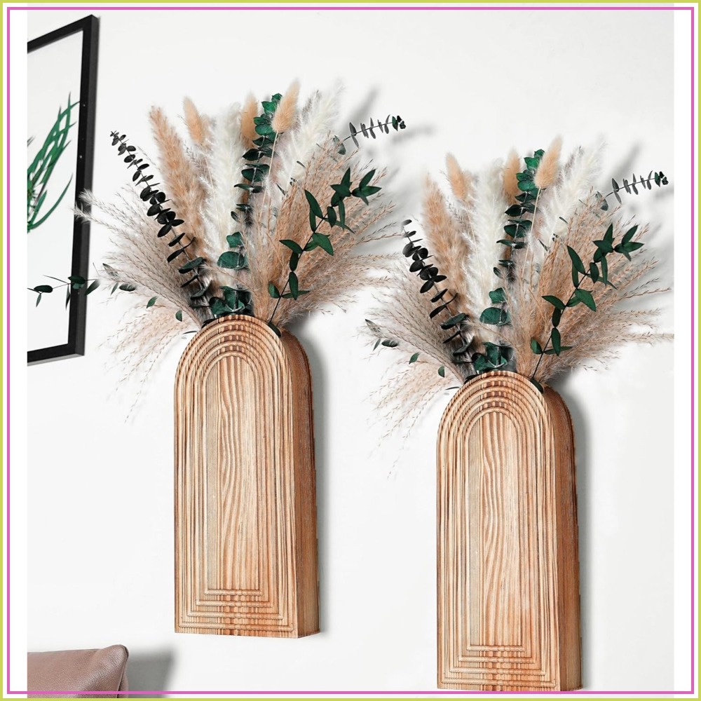 Pampas Grass Decor - Set of 2 Wooden Vases with